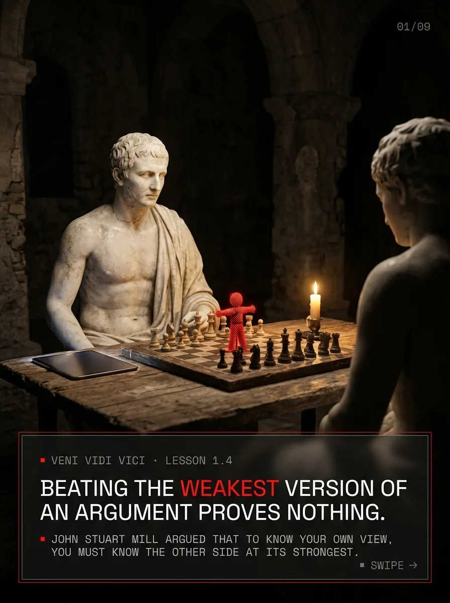 A marble statue at a chessboard, a small straw figure glowing red, the real opponent in shadow. Beating the weakest version of an argument proves nothing.