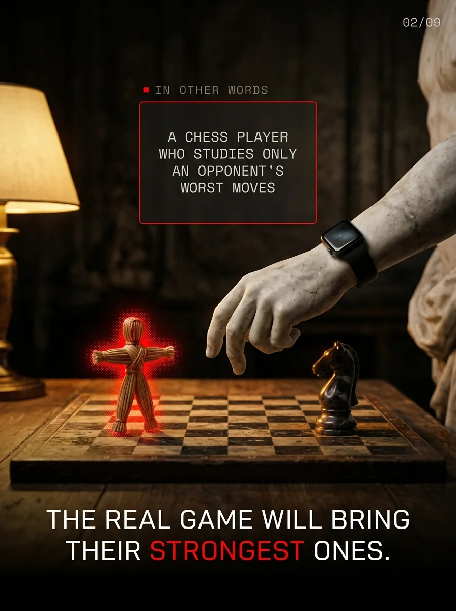A chessboard with a red straw figure and a lit knight. The real game will bring their strongest ones.