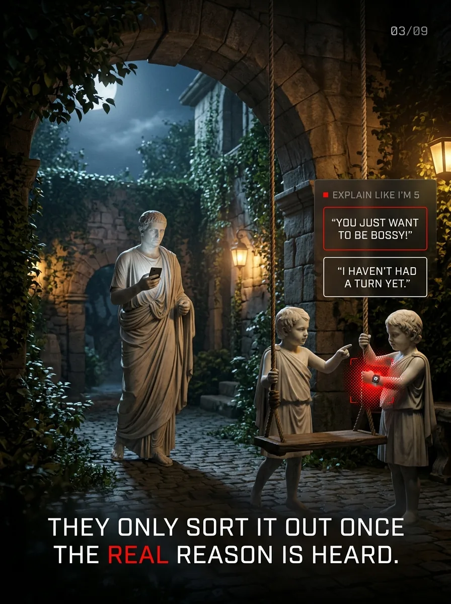 Two small statues of children by a swing. They only sort it out once the real reason is heard.