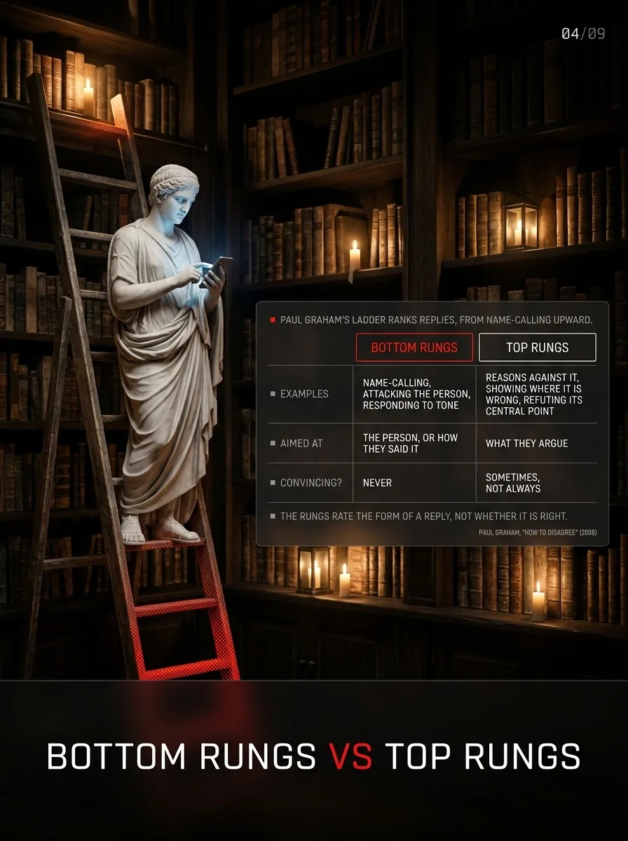 A tall ladder and a table: bottom rungs vs top rungs of Paul Graham's ladder of disagreement.