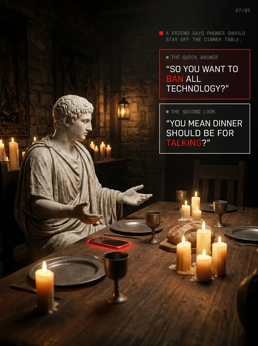 A candlelit dinner table and a phone. So you want to ban all technology, or you mean dinner should be for talking.