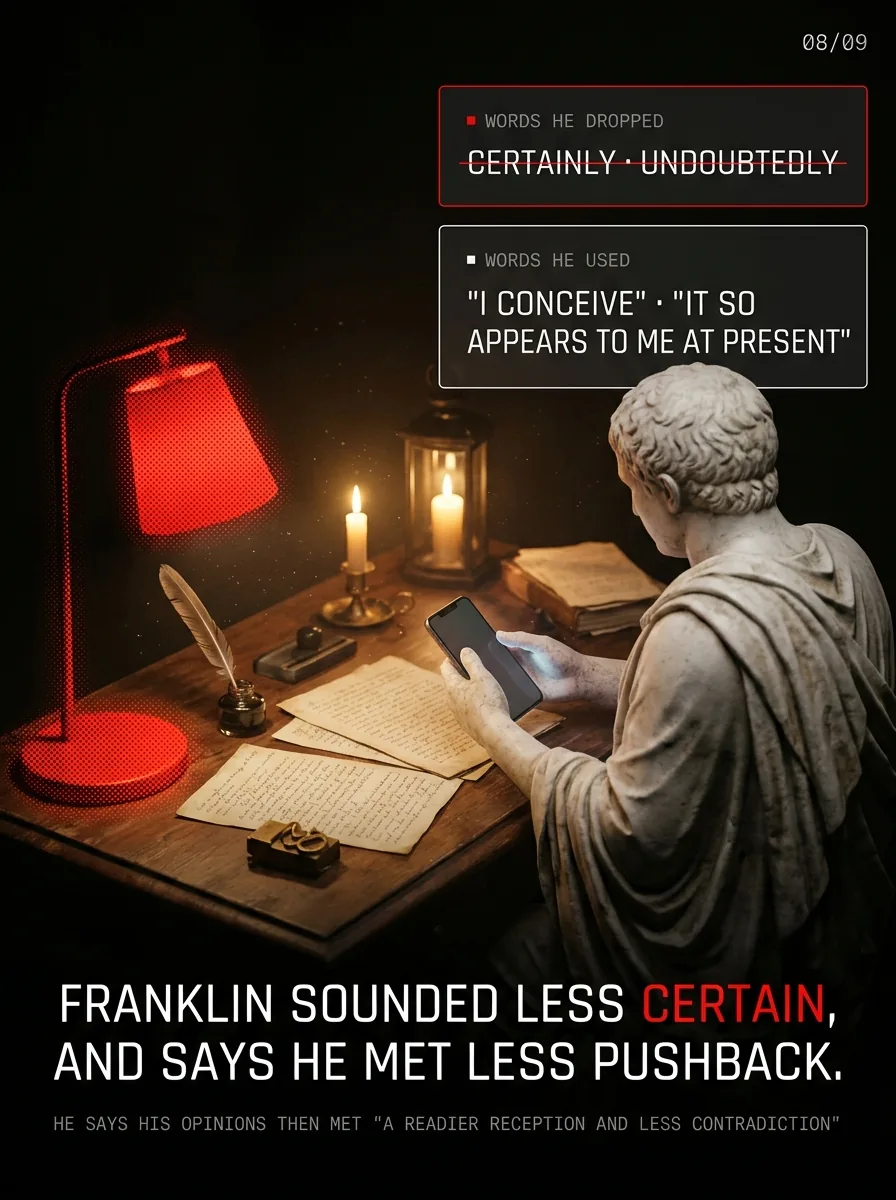 A quill and an old handwritten page. Franklin dropped certainly and undoubtedly for I conceive.