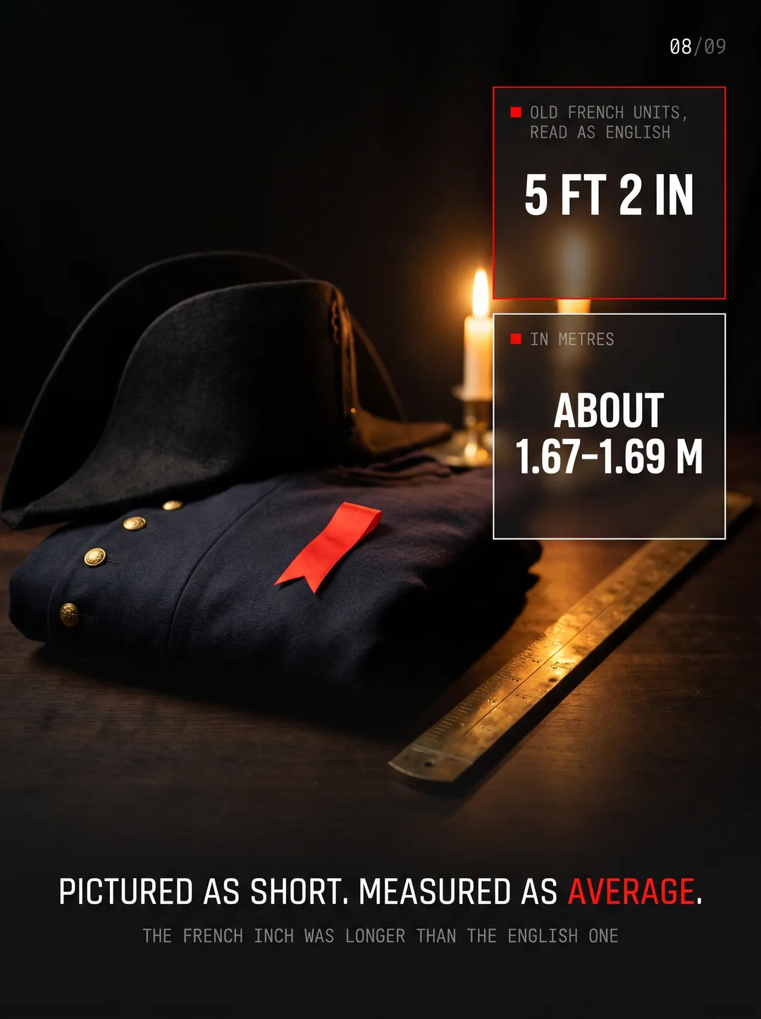 A measuring rod and a coat. Napoleon was about average height, about 1.67 to 1.69 metres.