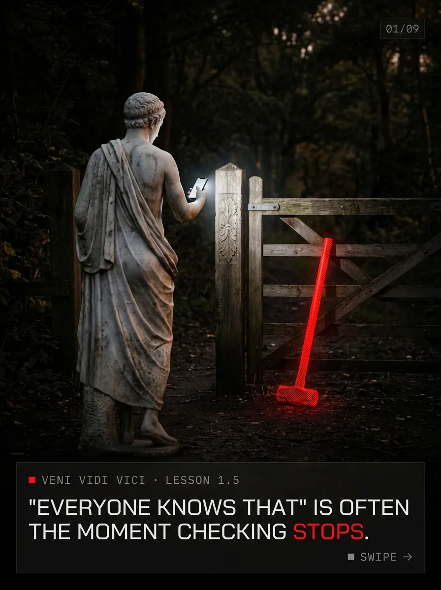 A marble statue at an old wooden gate across a road at dusk. 'Everyone knows that' is often the moment checking stops.