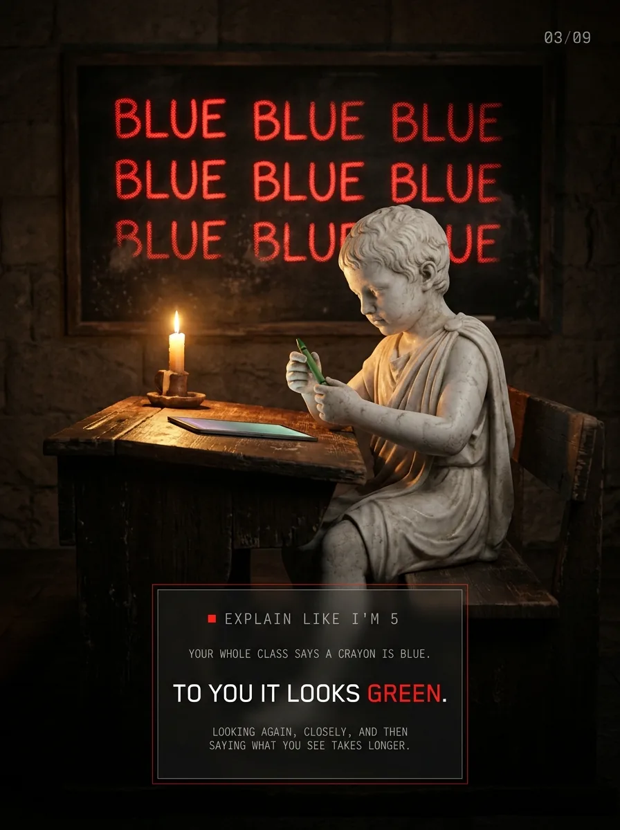 A school desk with crayons. Your whole class says a crayon is blue; to you it looks green.