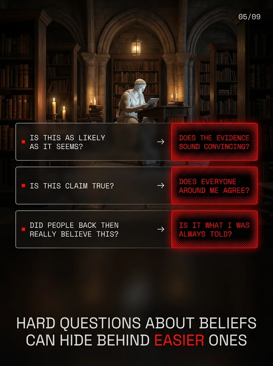 Three rows: is this as likely as it seems, is this claim true, did people back then really believe this, each with its easier question.