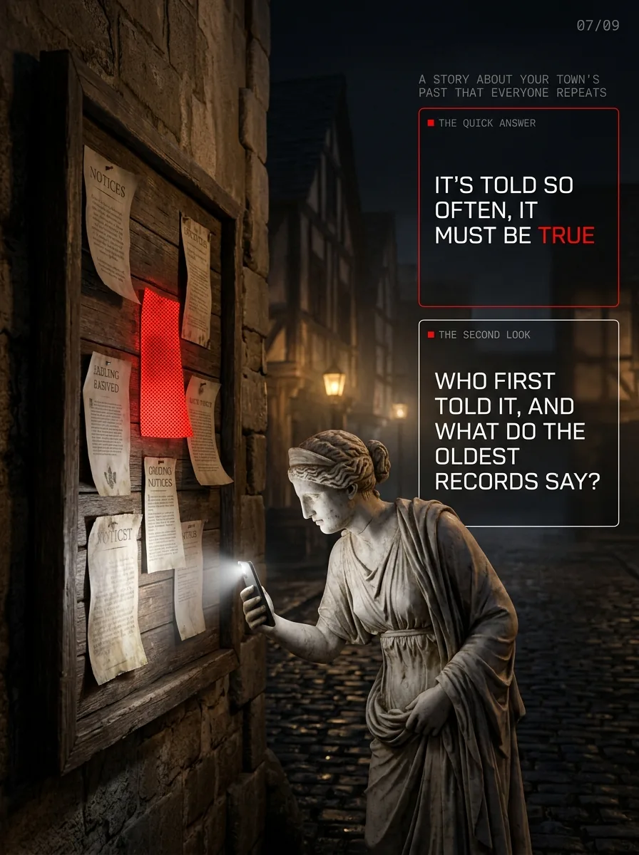 An old town notice board. It's told so often it must be true, or who first told it and what do the oldest records say.