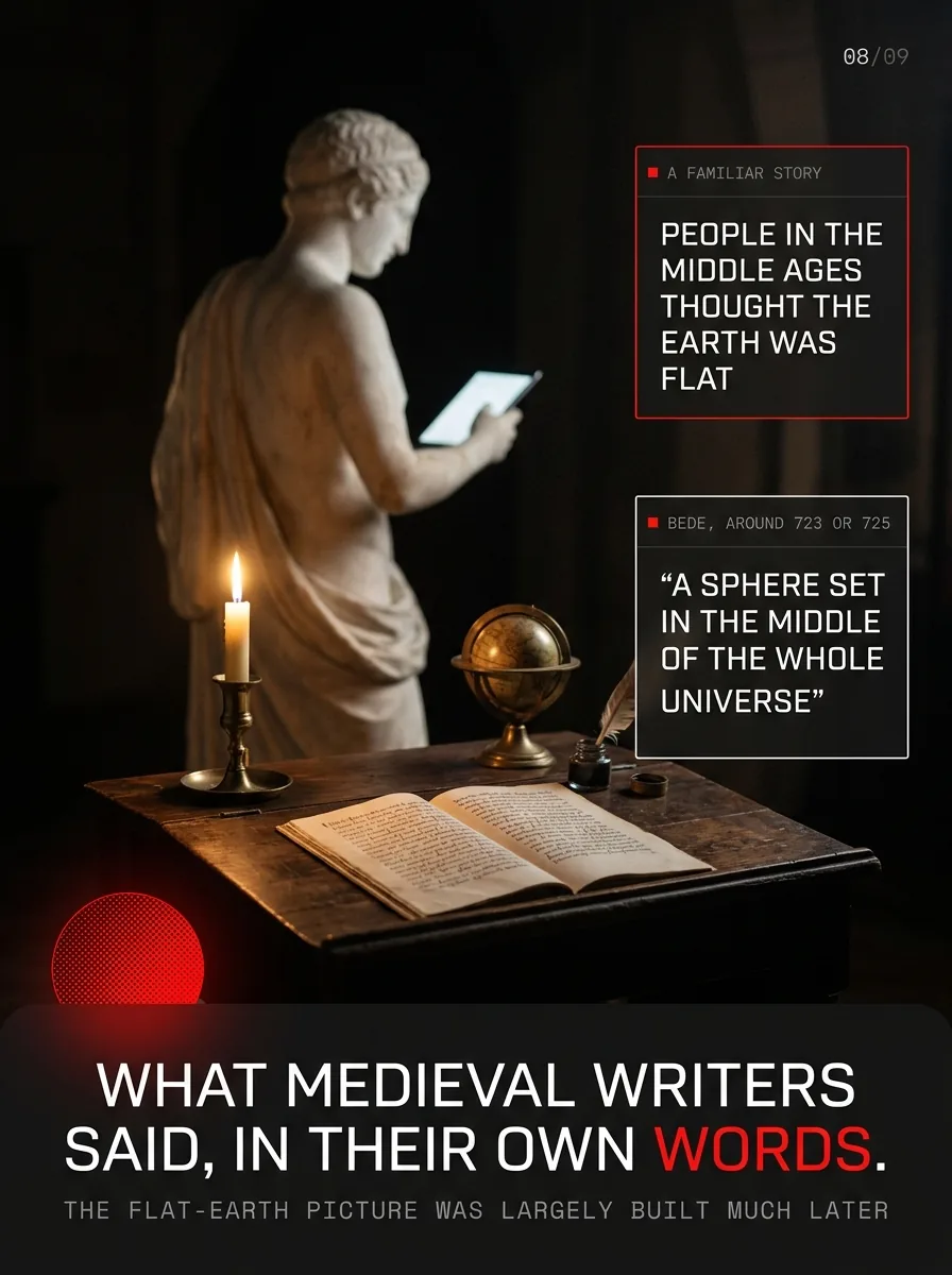 An old book and a globe in candlelight. Around 723 or 725, the monk Bede wrote that the Earth is a sphere.