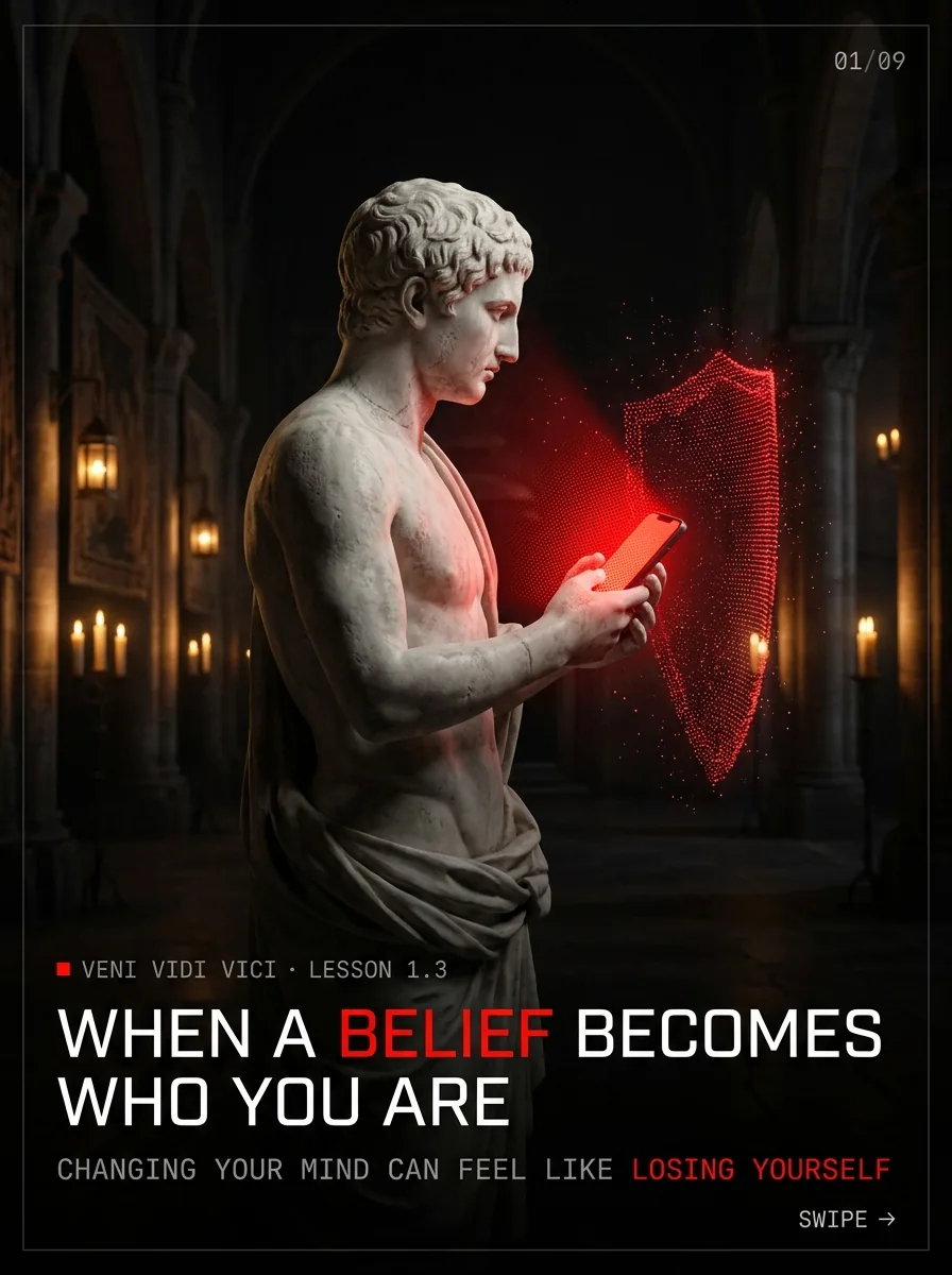 A marble statue raising a phone that glows red like a shield. When a belief becomes who you are, changing your mind can feel like losing yourself.