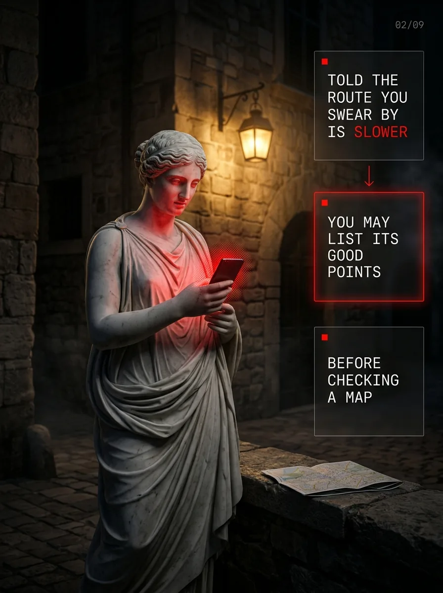 A statue at a crossroads with a phone. Told the route you swear by is slower, you list its good points before checking a map.