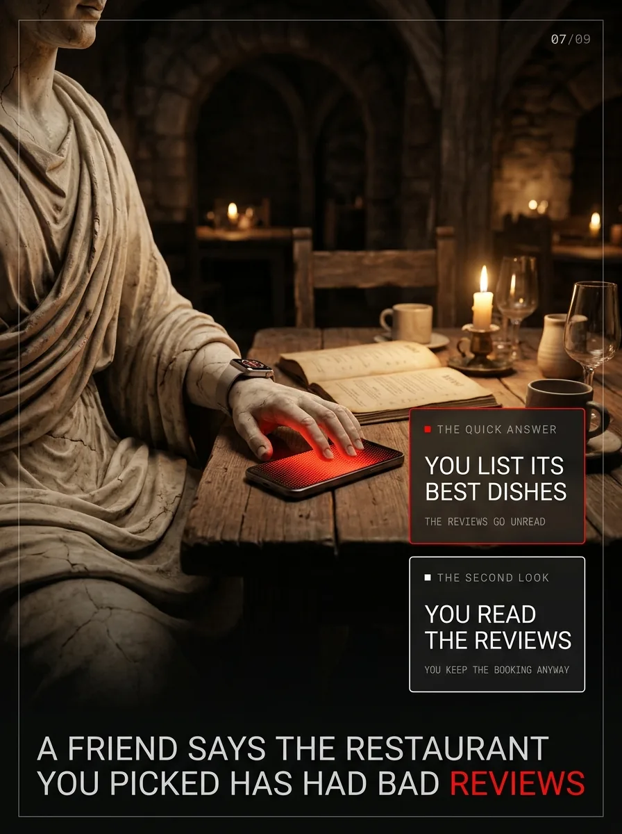 A tavern table. Told the restaurant has bad reviews: list its best dishes, or read the reviews and keep the booking.