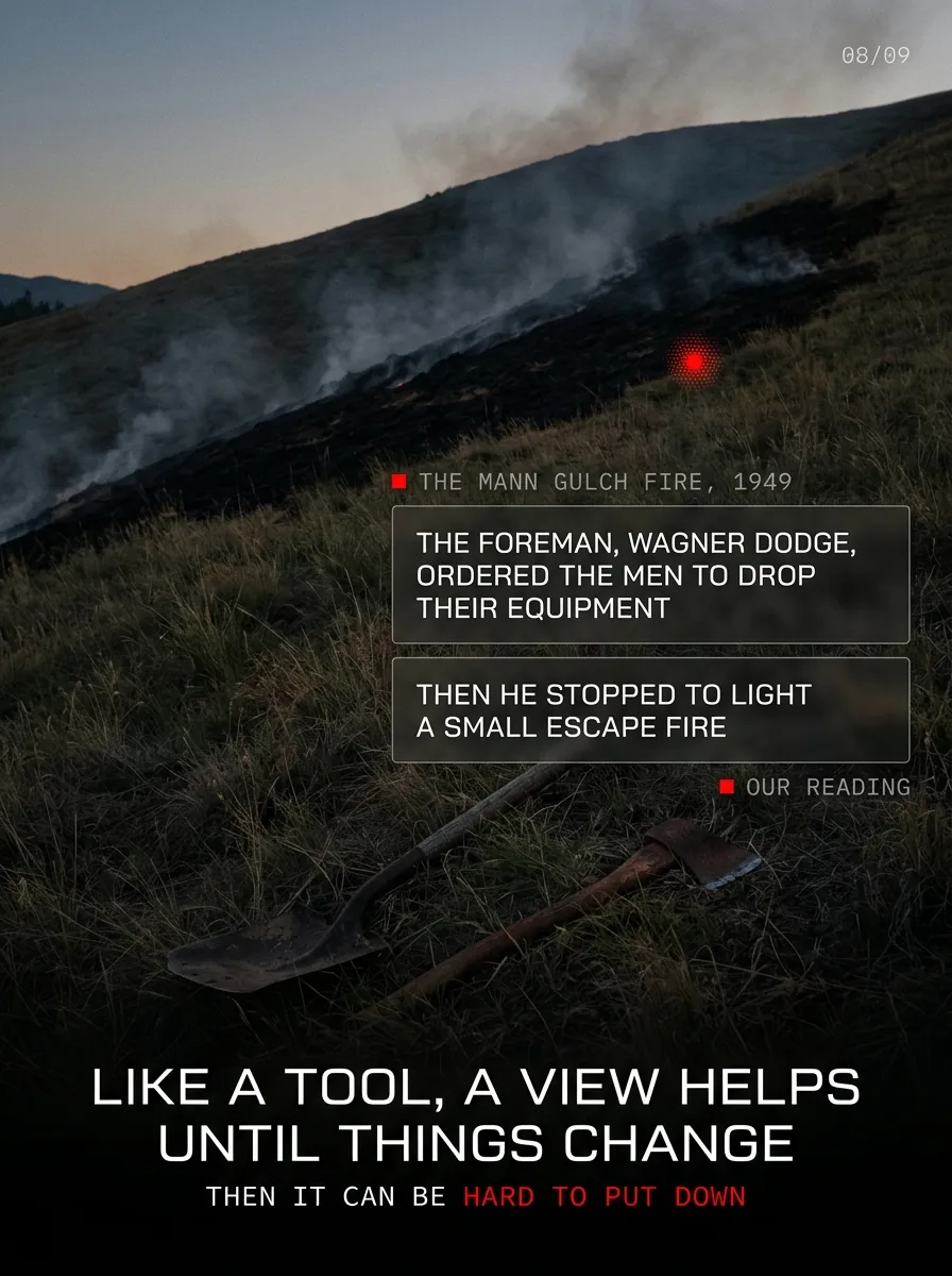 A burned hillside at dusk with an old shovel and axe. The Mann Gulch fire, 1949: like a tool, a view helps until things change.