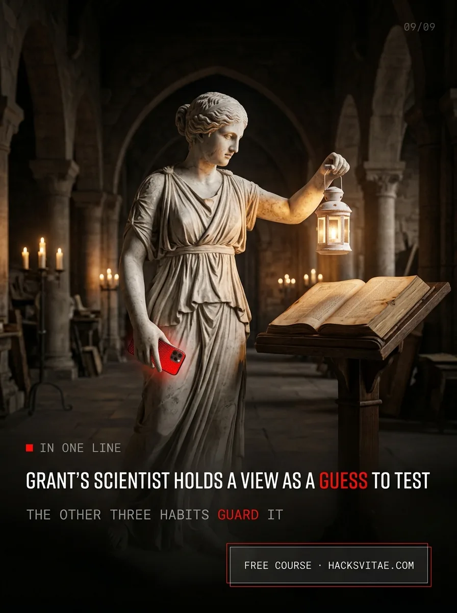 Grant's scientist holds a view as a guess to test. The other three habits guard it. Free course at hacksvitae.com.