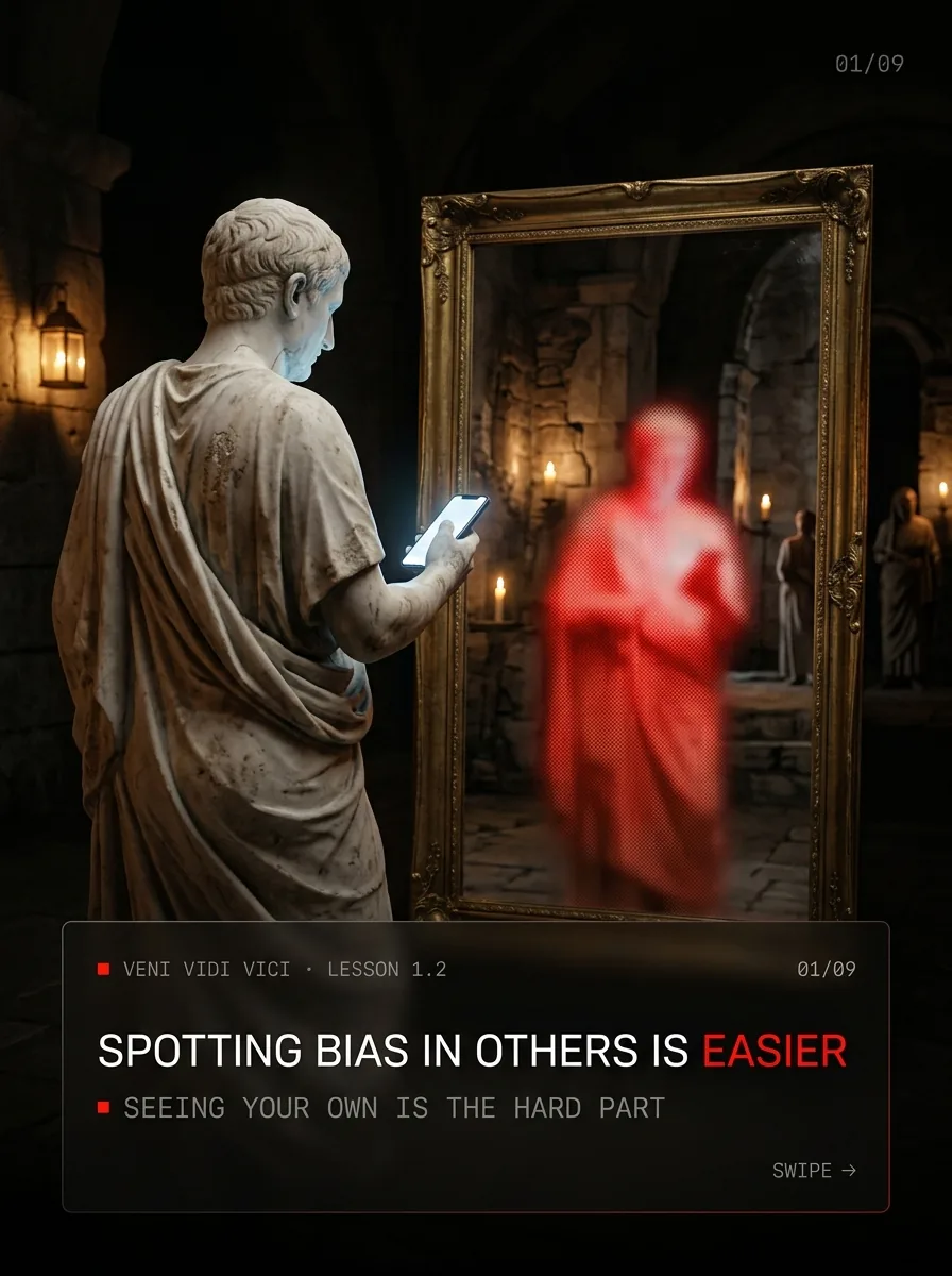 A marble statue before a mirror; the room is sharp, its own reflection is blurred in red. Spotting bias in others is easier, seeing your own is the hard part.