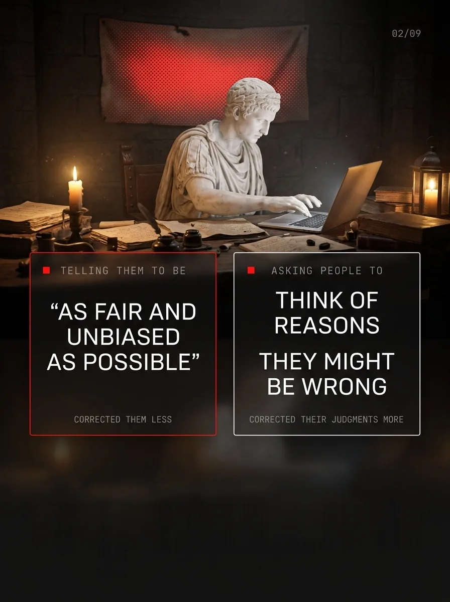 Two panels. Asking people to think of reasons they might be wrong corrected their judgments more than telling them to be as fair and unbiased as possible.