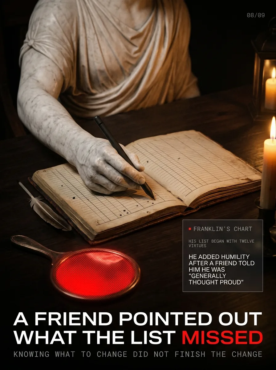 An old notebook ruled into columns with black spots. Franklin added Humility after a friend told him he was generally thought proud.