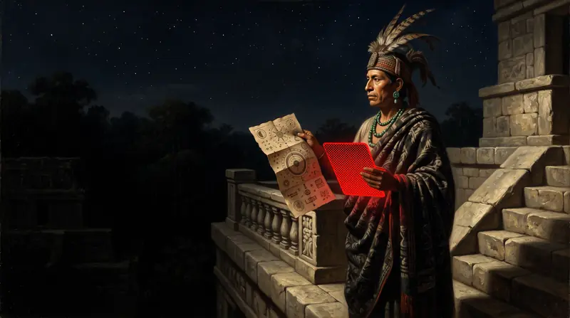 An astronomer on temple steps at night holding a star chart and a red tablet