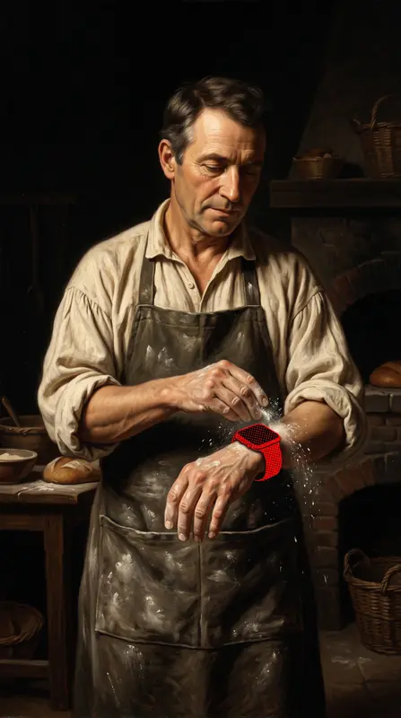A baker in an apron brushing flour off a red smartwatch