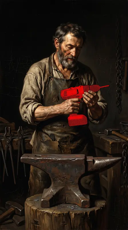 A blacksmith at an anvil holding a red power drill