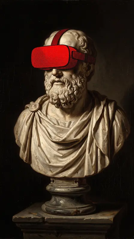 A marble bust of a bearded man wearing a red VR headset