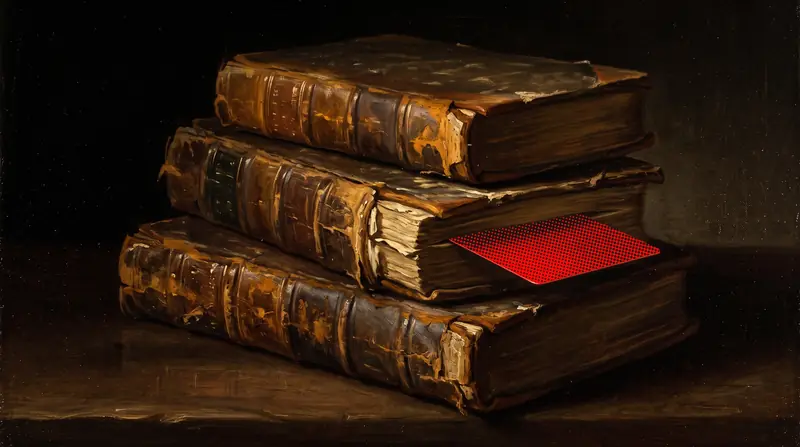 A stack of old leather books with a red card used as a bookmark