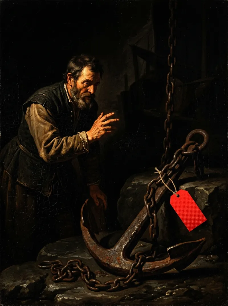 A merchant gesturing beside a large anchor with a red price tag on its chain