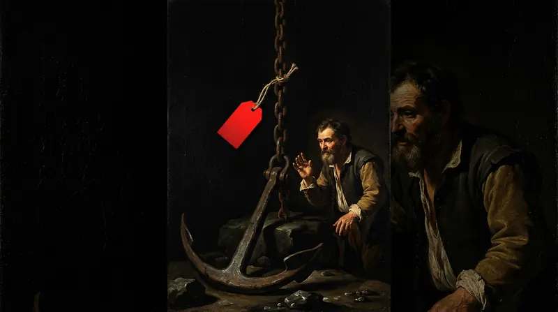 A ship anchor with a red price tag hanging from its chain, two men beside it