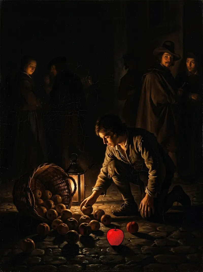 A person kneeling to pick up spilled apples on a night street, a red apple among them, others watching