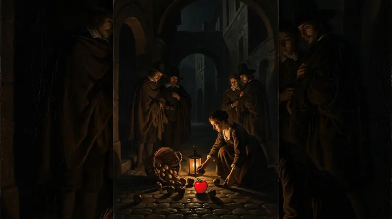 Several people in shadow on a night street watching a spilled basket of apples