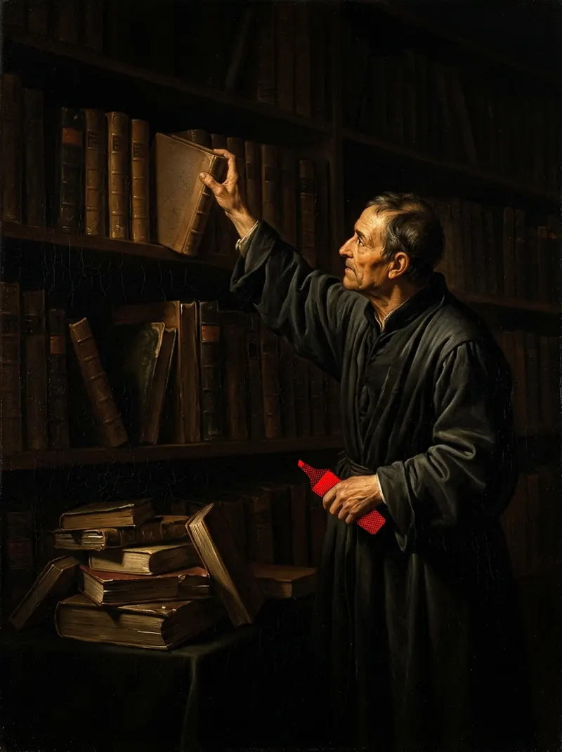 A man reaching for one book on a tall library shelf, a red highlighter in his hand