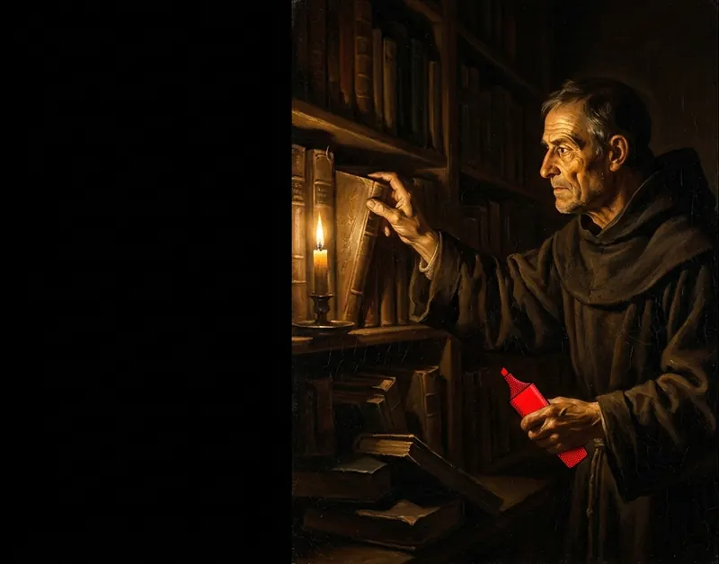 A monk taking one book from a library shelf, holding a red highlighter