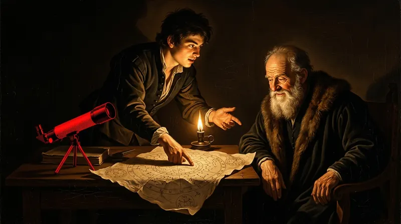 A young man pointing at a star chart while an old man with a white beard listens by candlelight, a red telescope on the table