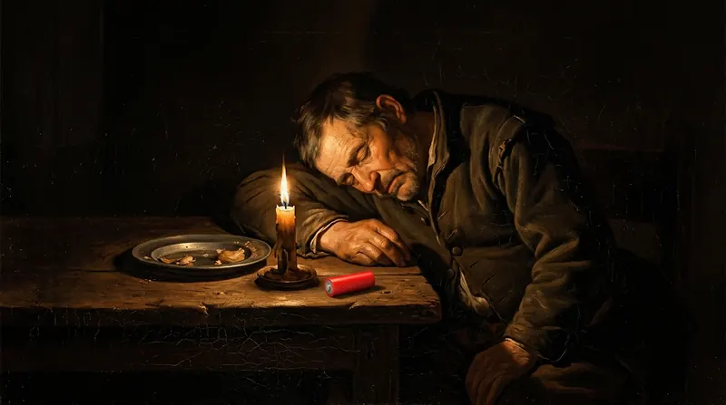 A watchman asleep at a desk beside a burned-down candle and a red battery