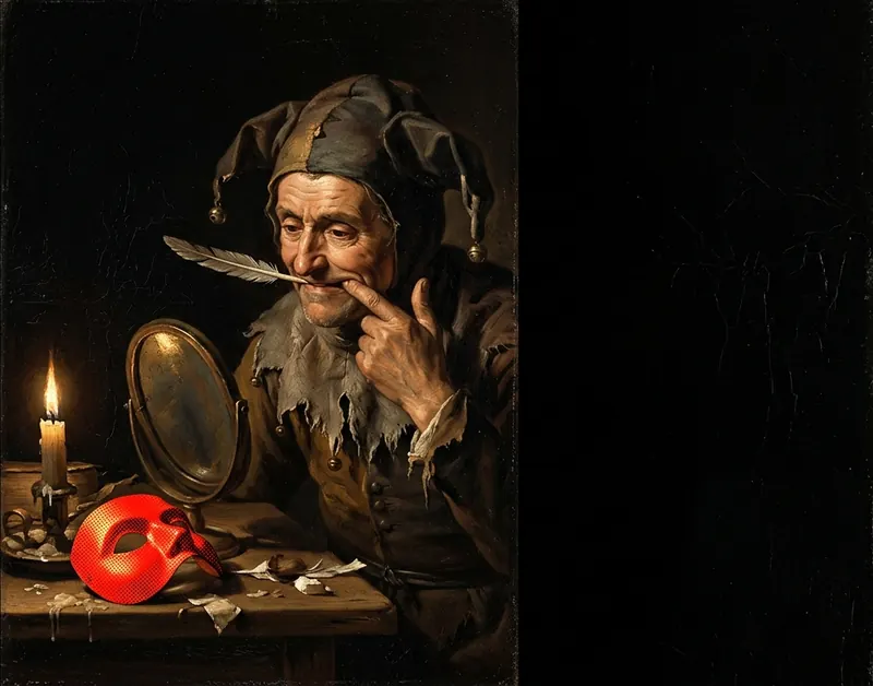 A jester holding a quill in his teeth, looking into a small mirror by candlelight, a red mask on the table
