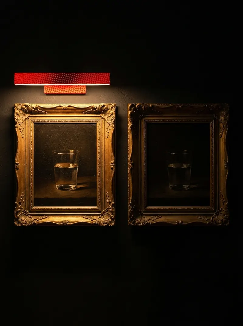Two gilded frames on a dark wall, each holding a painting of a glass of water, a red light above them