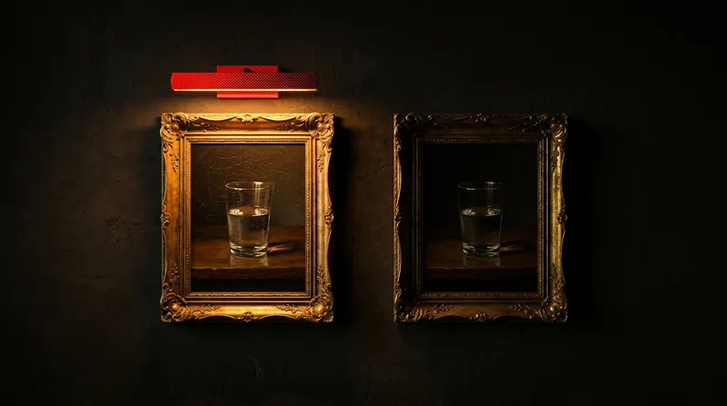 Two framed paintings of a glass of water side by side on a dark wall, a red light above one