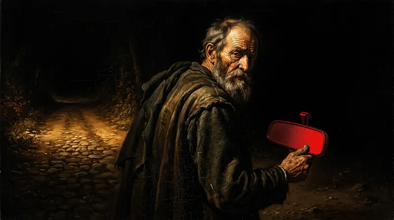 An old man glancing back over his shoulder on a dark road, holding a red mirror