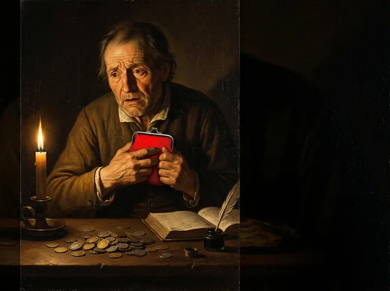An old man clutching a red purse at a candlelit table with coins and a book