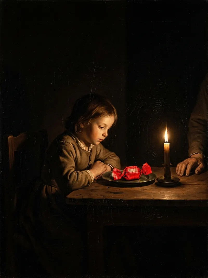 A child at a candlelit table looking at a sweet in a red wrapper, an adult hand at the edge of the light