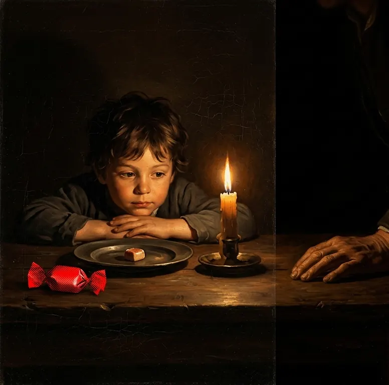 A child at a candlelit table looking at a sweet in a red wrapper
