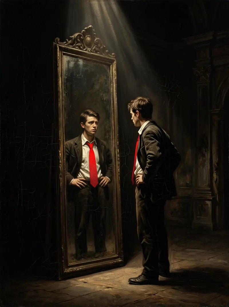 A young man in a red tie standing with his hands on his hips before a tall mirror