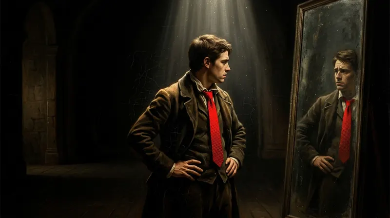 A young man in a red tie with his hands on his hips before a tall mirror