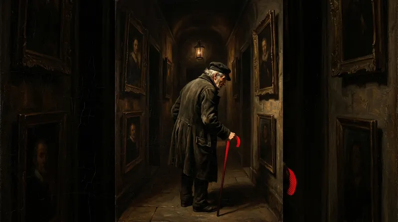 An elderly man with a red-handled cane walking down a corridor lined with portraits