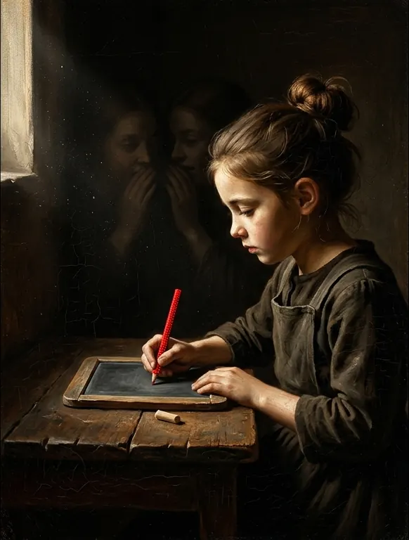 A girl at a desk by a window writing on a slate with a red pencil