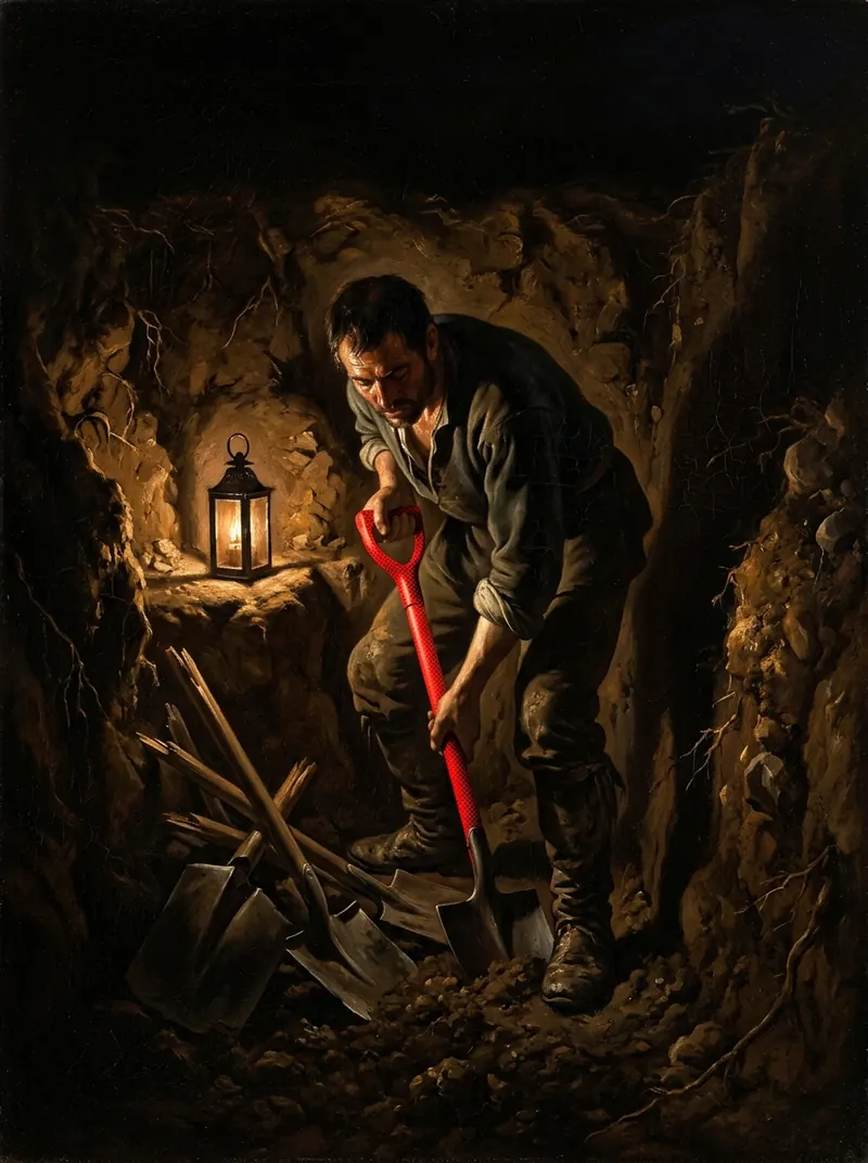 A man digging alone in a deep trench by lantern light with a red-handled shovel