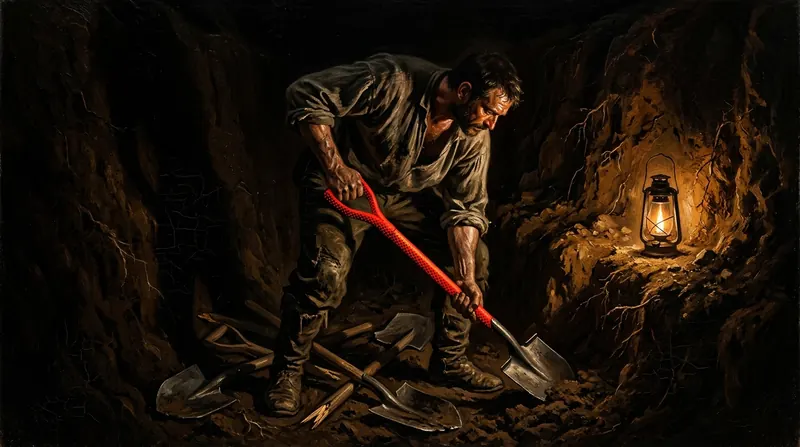 A man digging in a dark trench by lantern light with a red-handled shovel, broken tools around him