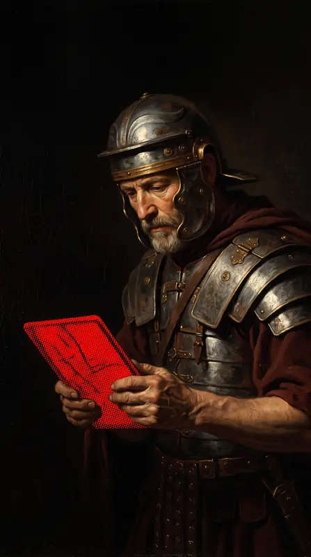 A Roman soldier in armour studying a red tablet