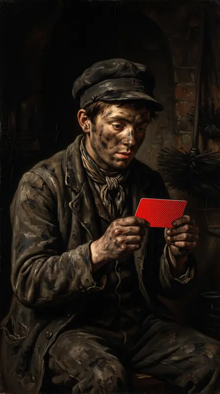 A soot-covered chimney sweep looking at a red card