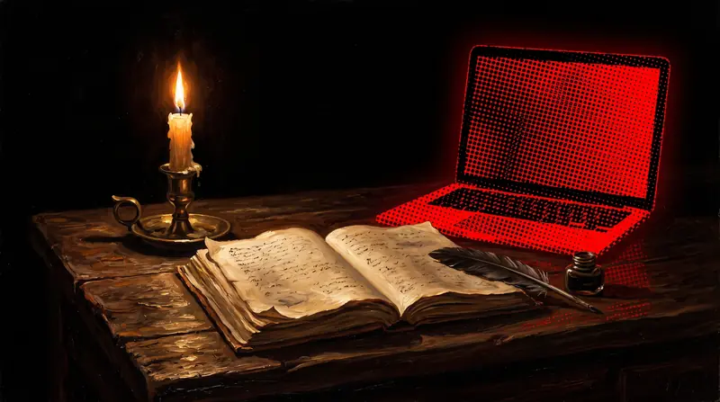 A candlelit desk with an open book, a quill and a glowing red laptop
