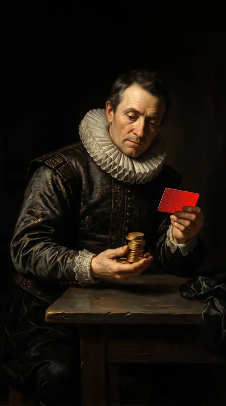 A courtier in a ruff collar holding coins and a red card